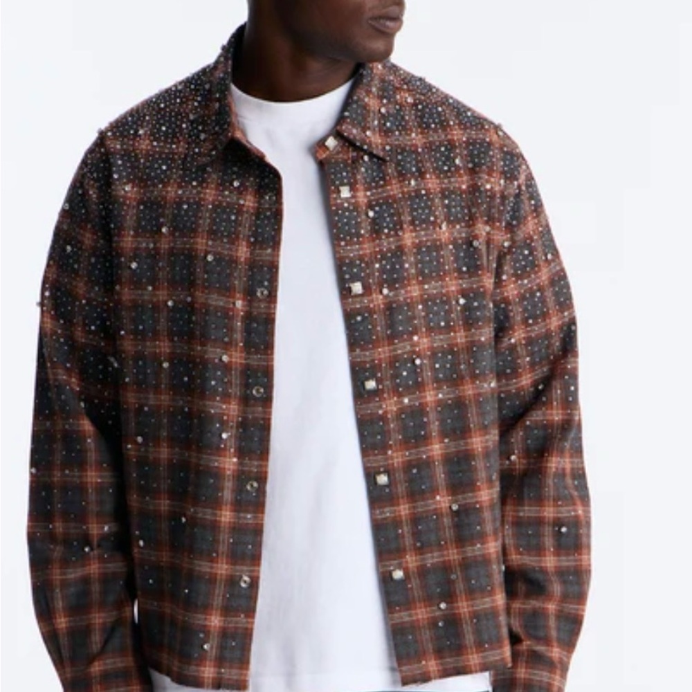 Fashion Nova Cropped Axis Studded Plaid Button Up Shirt